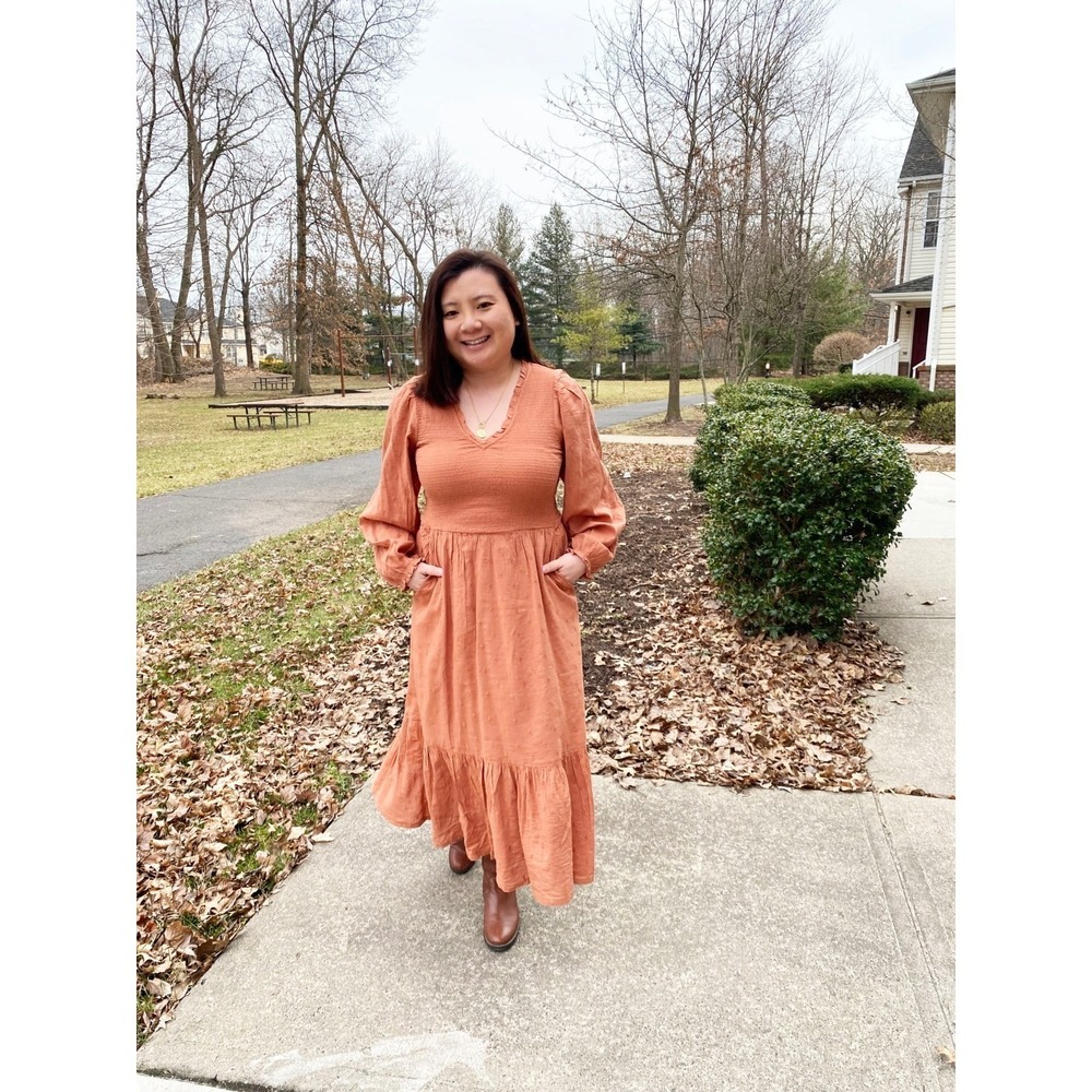 Old Navy Terra Cotta Smocked Clip Dot Cottagecore Midi Long Sleeve Dress Size S